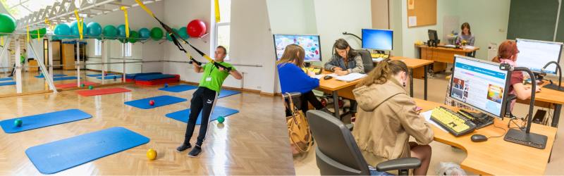 Kolāžas kreisajā pusē vīrietis vingro sporta zālē, labajā pusē koledžas audzēkņi mācās pielāgotā datorklasē