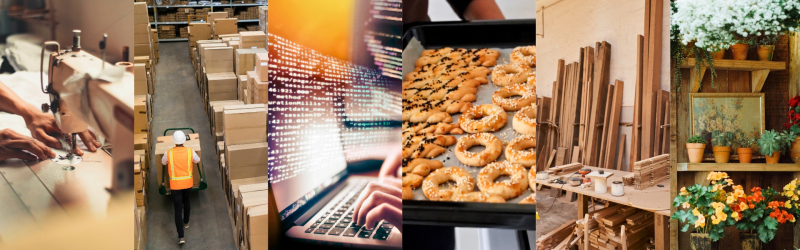 Kolāžā attēlotas mācību programmas šuvējs, noliktavas darbinieks, datorsistēmu tehniķis, konditors, kokapstrāde un floristika - podošana