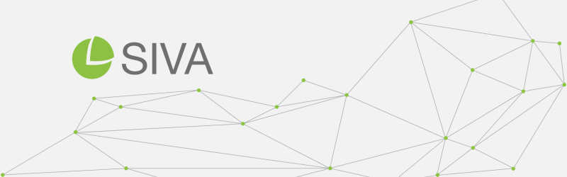 Dizains ar SIVA logotipu kreisajā pusē un tīklveida grafiku no vienas attēla puses līdz otrai