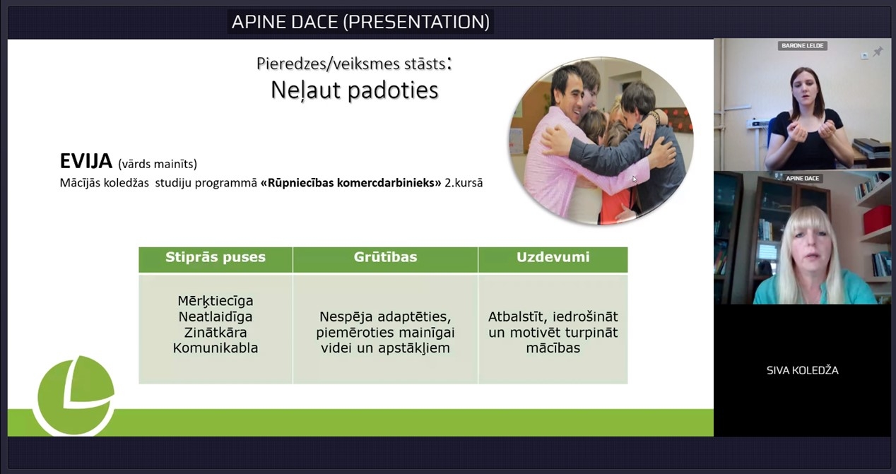 Ekrānšāviņš, kurā redzams slaids "Pieredzes stāsts - Neļaut padoties!".